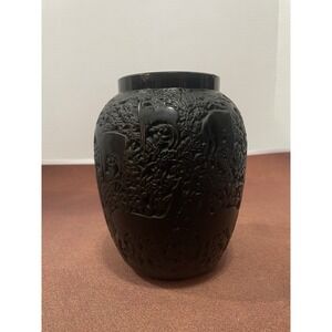 Lalique France Biches Black Crystal Vase Circa 1930's Design Deer Forest